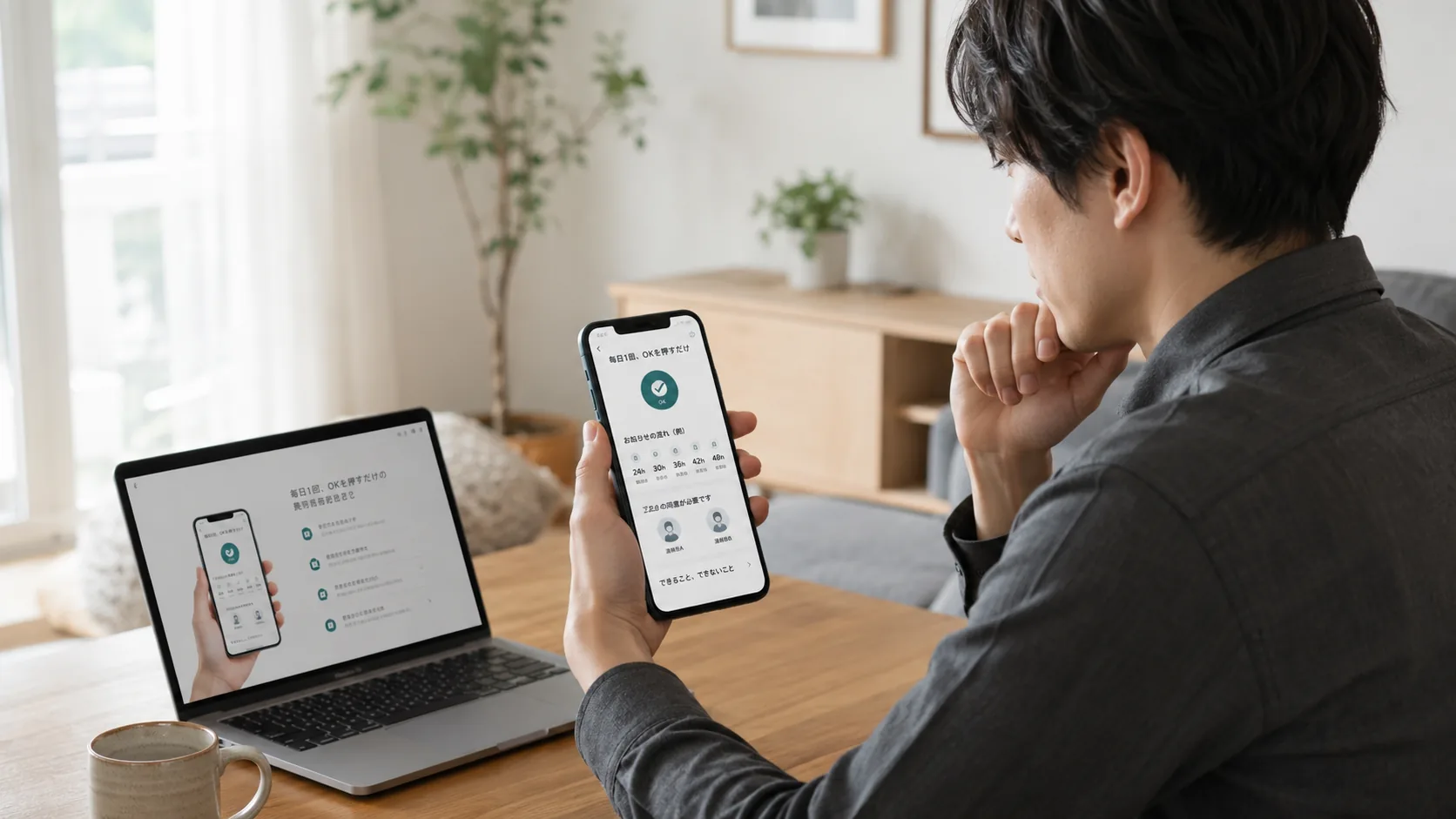 家族や知人に紹介する前にアプリ内容を確認する人のイメージ